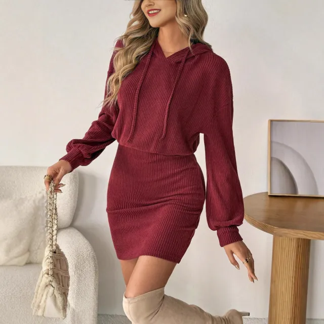 Women's Solid Color Loose Fit Hooded Long Sleeve Casual Dress Wine Red - Shop at LoveMi