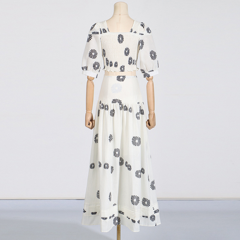 Puff Sleeve Short Top Skirt Long Skirt Summer Two-piece Set