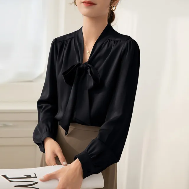 French Temperament Ribbon Bowknot Solid Color Business Shirt Black - Shop at LoveMi