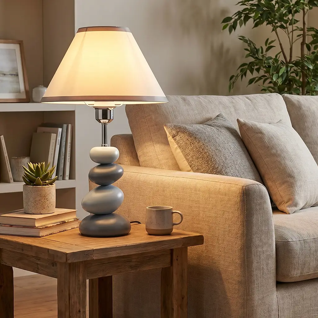 Pebble-Stacked Table Lamp Nordic-Style Resin Base Canvas Lampshade