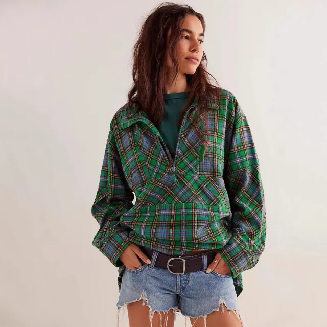 Women's Half zip Flip Collar Loose Pocket Plaid Long Sleeve Shirt Green - Shop at LoveMi