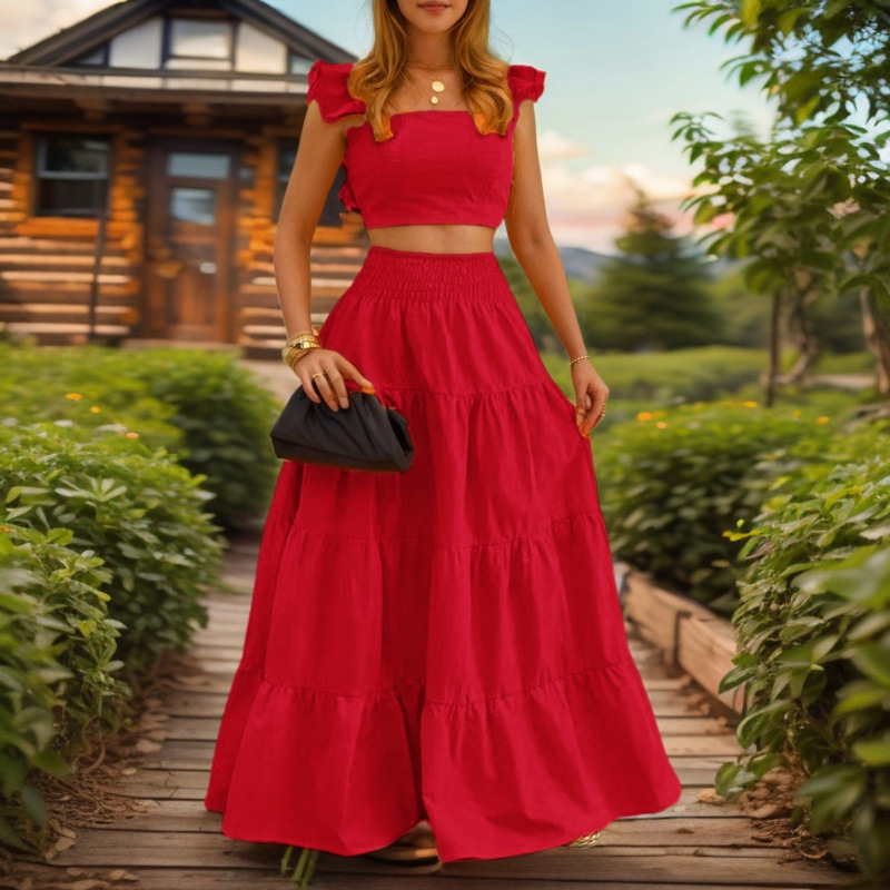 Chic Sexy Solid-color Mid-rise Slip Dress With A Flared Skirttwo-piece Set