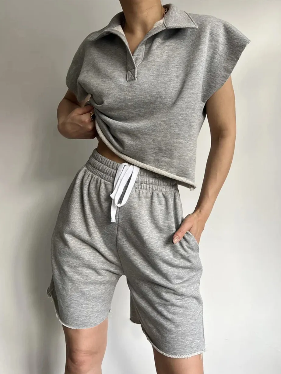 Lapel-collar Full-sleeve Loose Top And Drawstring Shorts Set - Silver