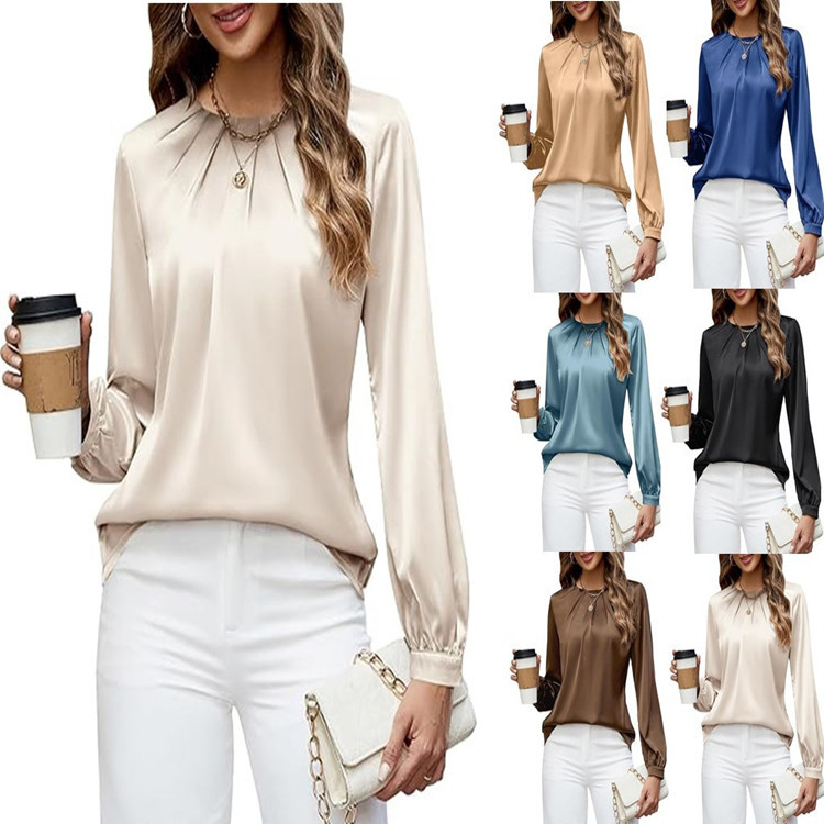 Womens Casual Pleated Long-Sleeve Top Satin Crew-Neck Shirt