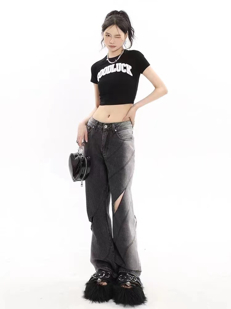 Title 2, Chaopai Worn-out Hole Straight High Waist Denim...