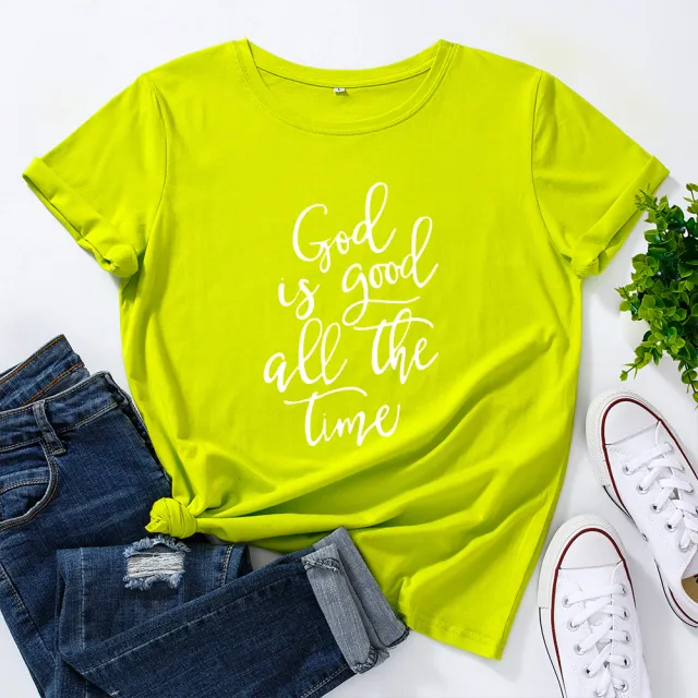 European And American Women's Clothing Cotton Loose Round Neck Letter Print Short Sleeve T shirt Fluorescent Green - Shop at LoveMi