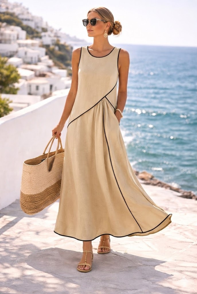 Mediterranean Contrast Color Vacation Dress in Champagne – elegant resort style