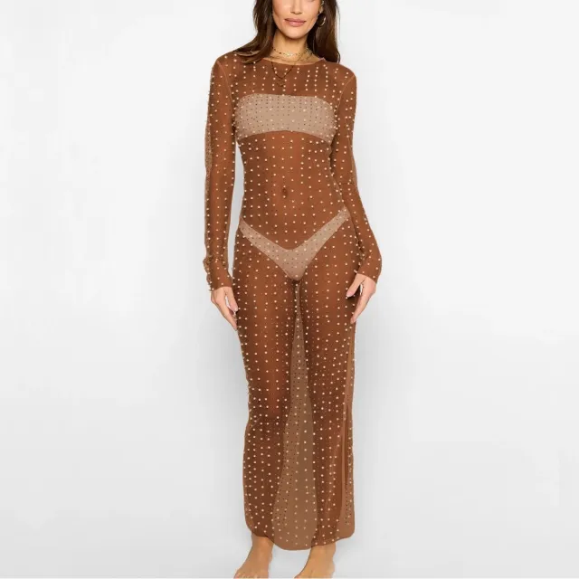 Fashion Bead Rhinestone Blouse Mesh Long Sleeve Dress Brown - Shop at LoveMi
