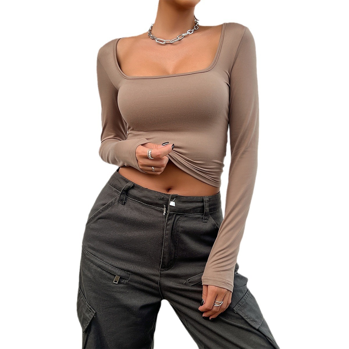 Slim-fit Solid Color Square Collar Long-sleeved Top