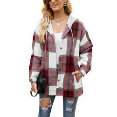 Ladies Plaid Coat Hooded Casual Loose Shirt - Wine Red - View 1