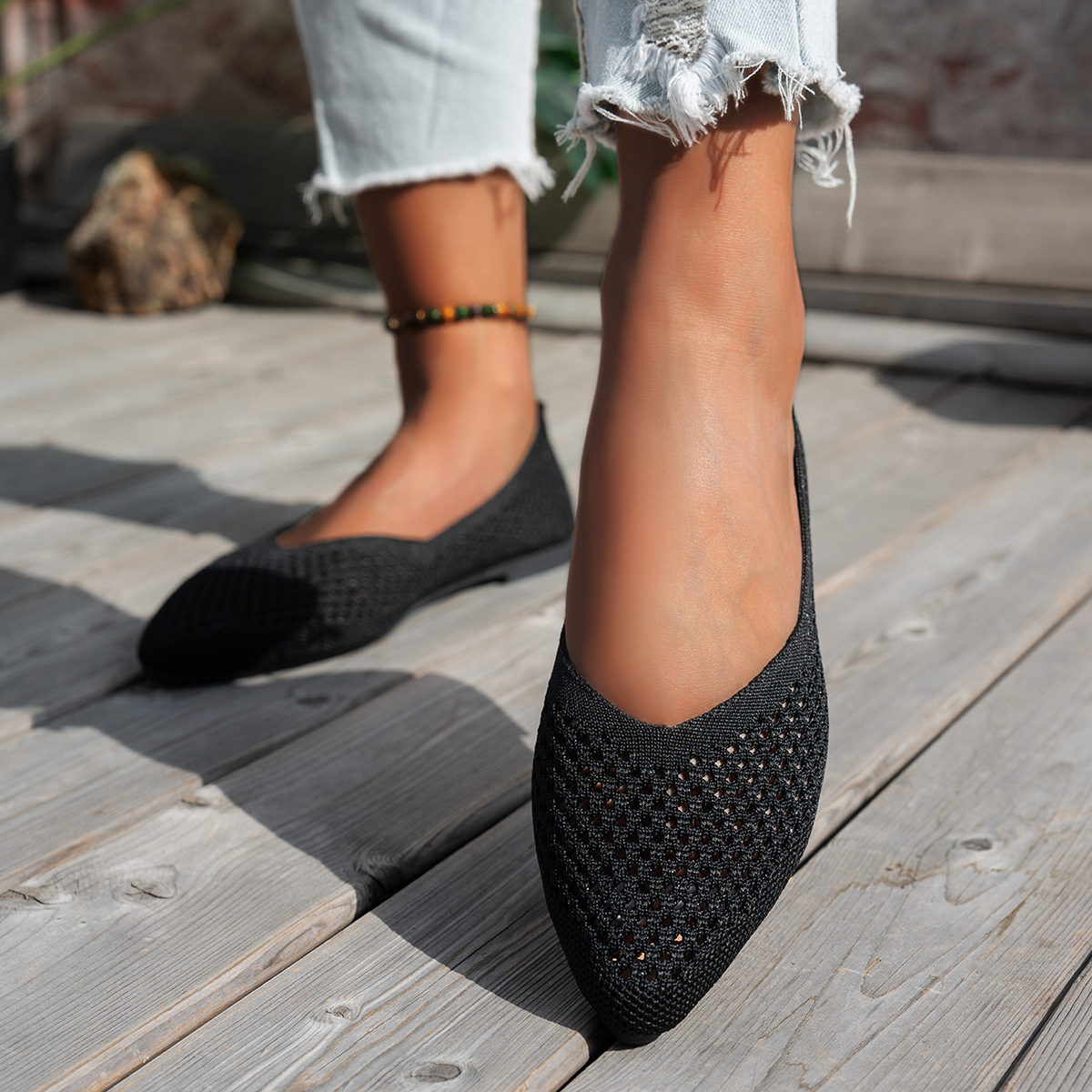 Women's pointed toe flyknit slip-on loafers in beige – side view
