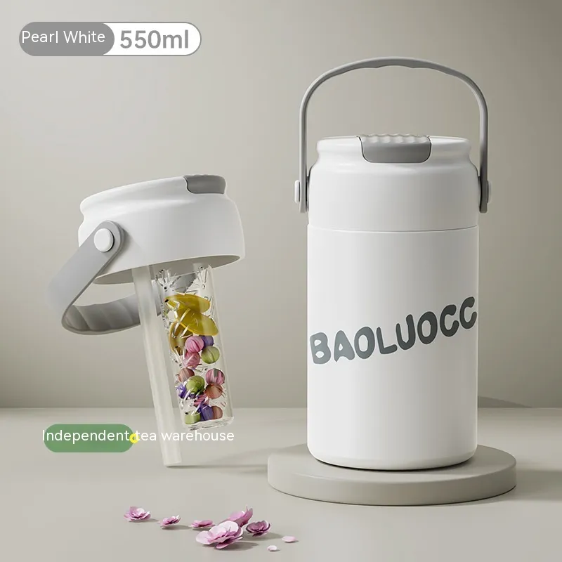 Girls' Good-looking Tea Water Separation Stainless Steel Vacuum Cup Portable Water Cup - White