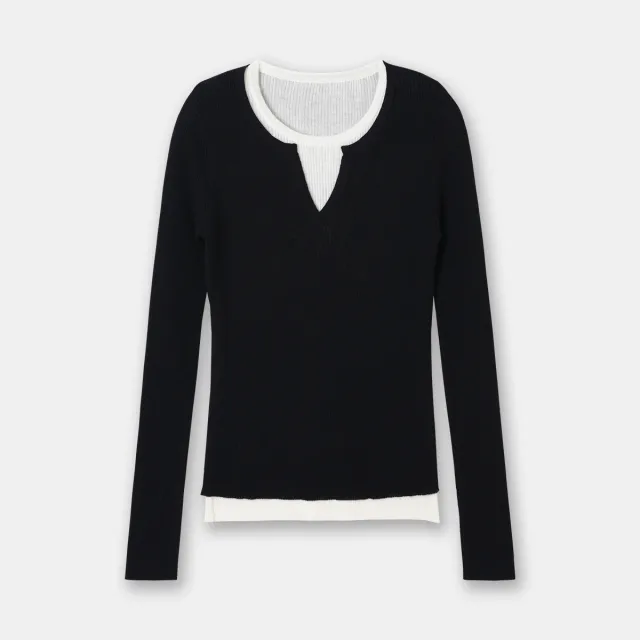 Worsted Round Neck False Two Pieces Woolen Women's Slim Stretch Bottoming Shirt Layered Sweater Black - Shop at LoveMi