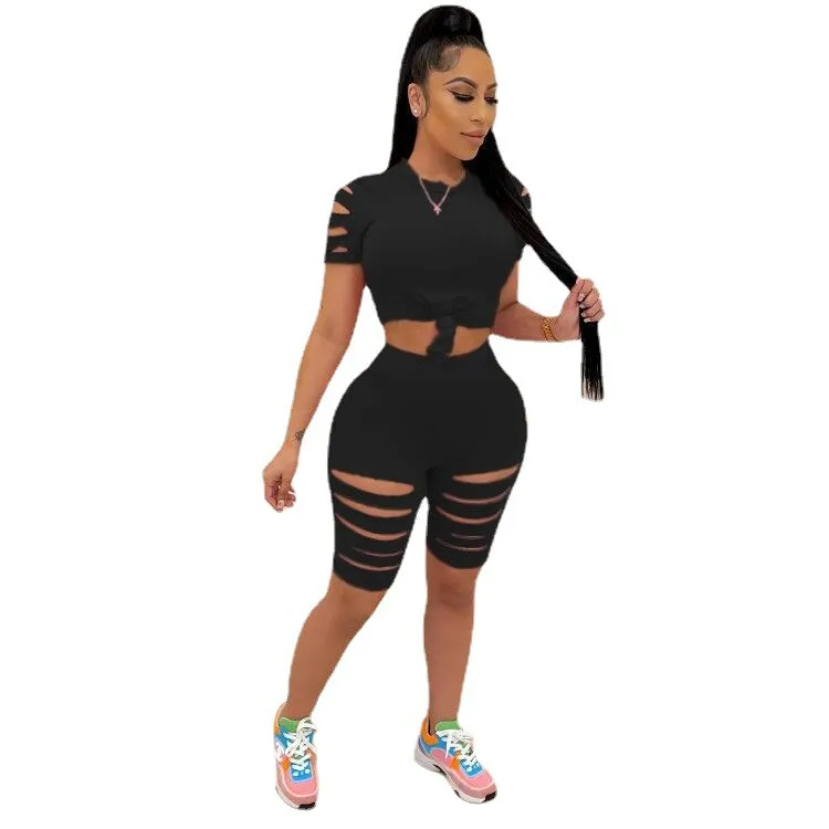 Solid Color Ripped Leisure Sports Suit - Black