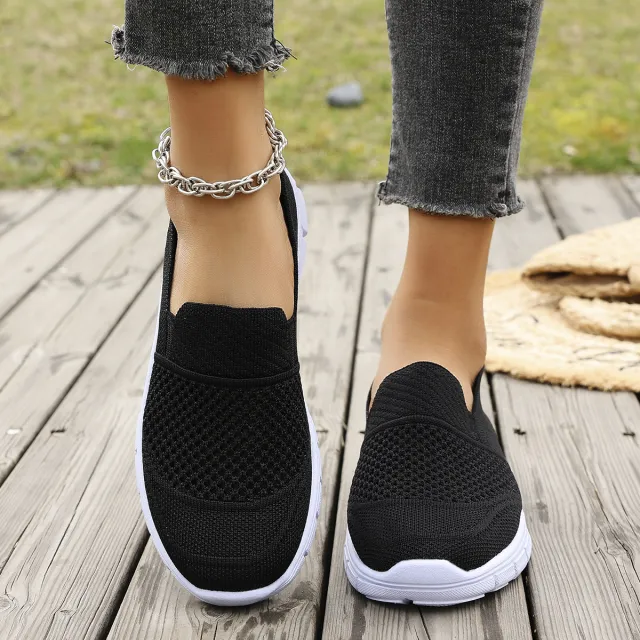 Large Size Mesh Breathable Flat Solid Color Casual Flyknit Pumps Black - Shop at LoveMi