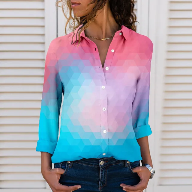 Women's 3D Digital Printing Gradient Color Polo Collar Top Youth Simplicity Casual Ladies Shirt 6 Colors - Shop at LoveMi