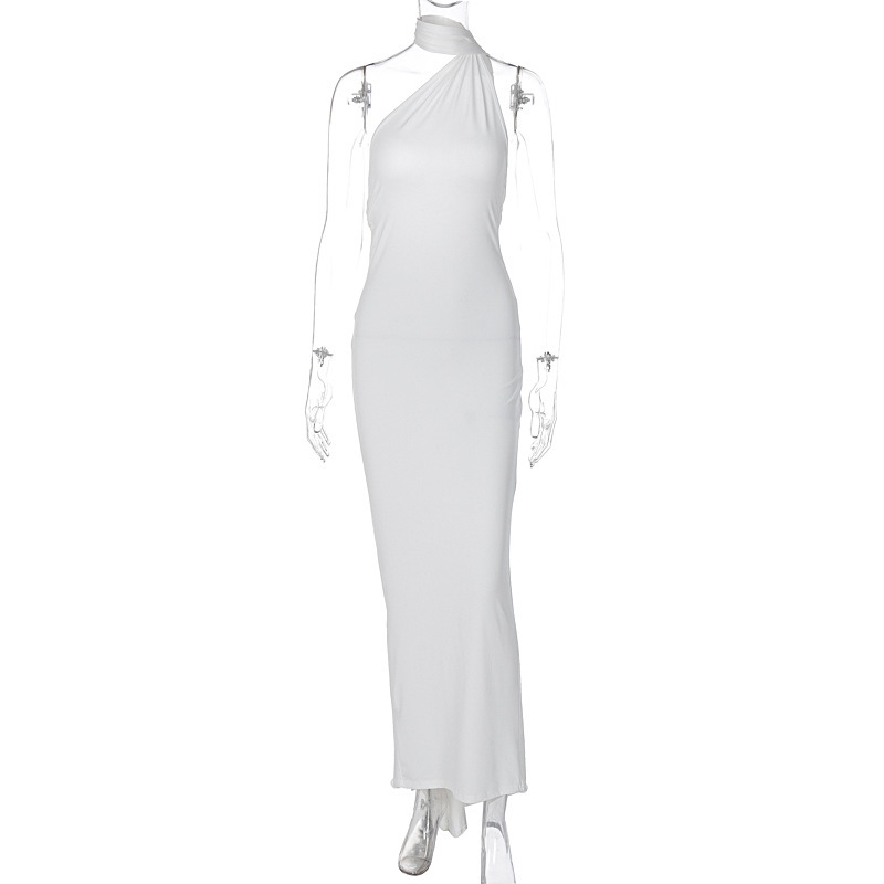 Sexy Backless Pleated Slim fit Solid Color Sleeveless Elegant Dress White - Shop at LoveMi