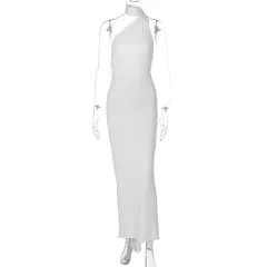 Sexy Backless Pleated Slim-fit Solid Colour Sleeveless Elegant Dress - White - View 1