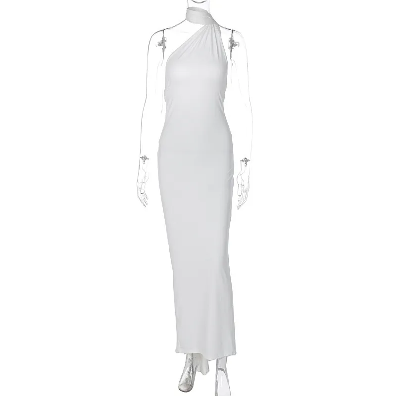 Sexy Backless Pleated Slim-fit Solid Color Sleeveless Elegant Dress - White