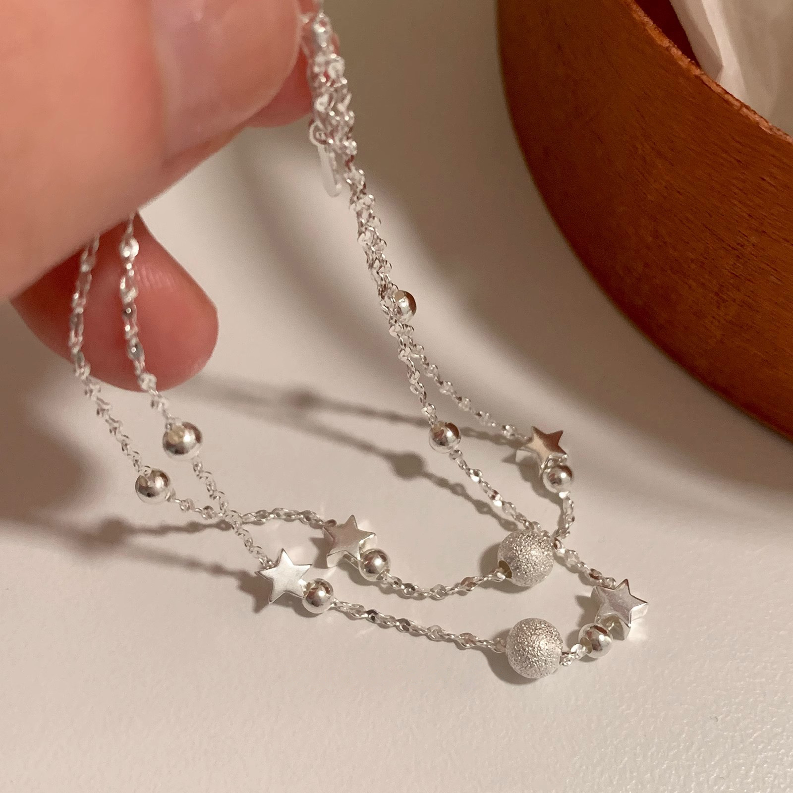 999 Fine Silver Matte Ball Double-Layer Sterling Silver Bracelet For Women