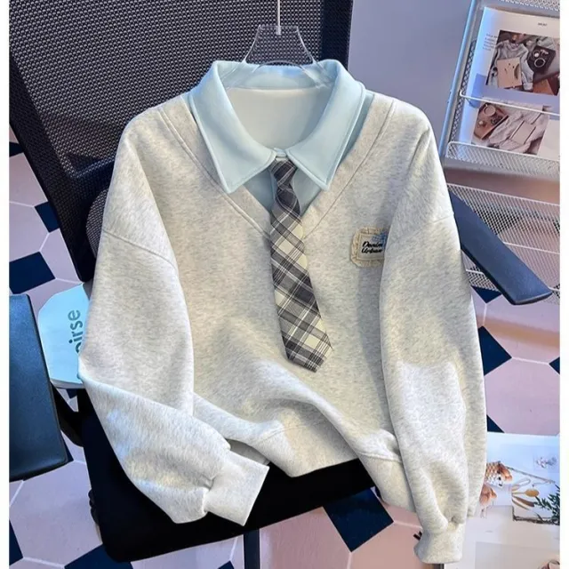 Fake Two piece Tie Polo Collar Sweater For Women Spring And Autumn New Loose fitting Non hoodie Gray - Shop at LoveMi