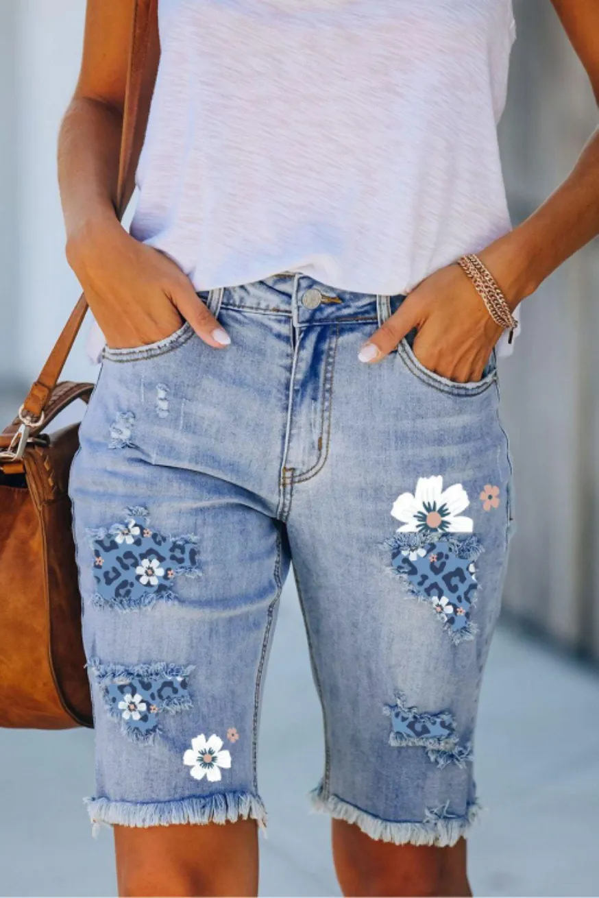 Women's Ripped Print Denim Shorts - Blue