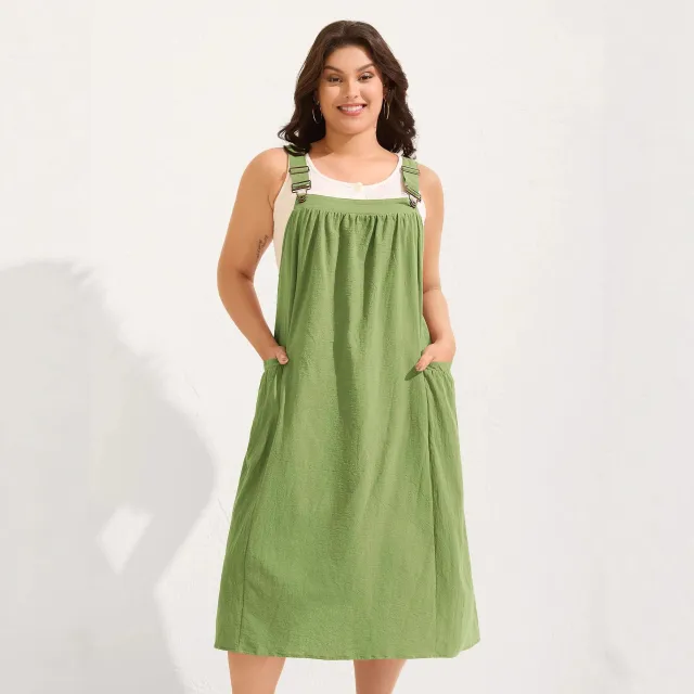 Loose And Slimming Pure Cotton Casual Pleated Dress Light Green - Shop at LoveMi
