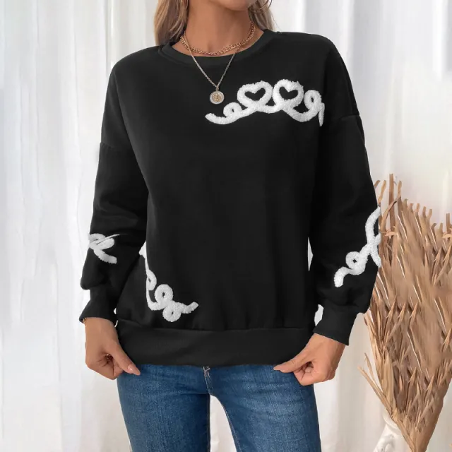 Heart Pattern Round Neck Warm Fleece Sweatshirt For Women Black - Shop at LoveMi
