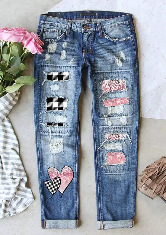 Women's Jeans Ripped Print Patch Heart Printing 005787 M - Shop at LoveMi