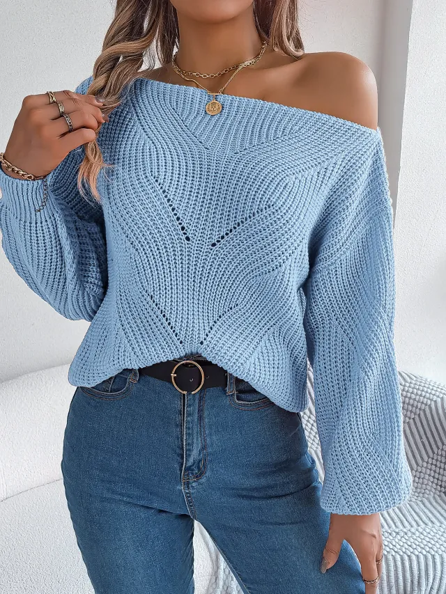 Casual Hollow out Off neck Off the shoulder Lantern Sleeve Sweater Blue - Shop at LoveMi