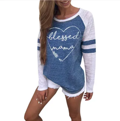 Printed Patchwork Assorted Colors Round Neck Long Sleeve T shirt Blue - Shop at LoveMi