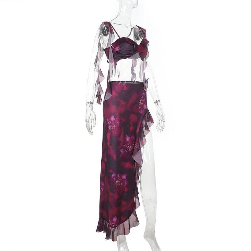 French Street Vacation Frill Printing Suit Summer New