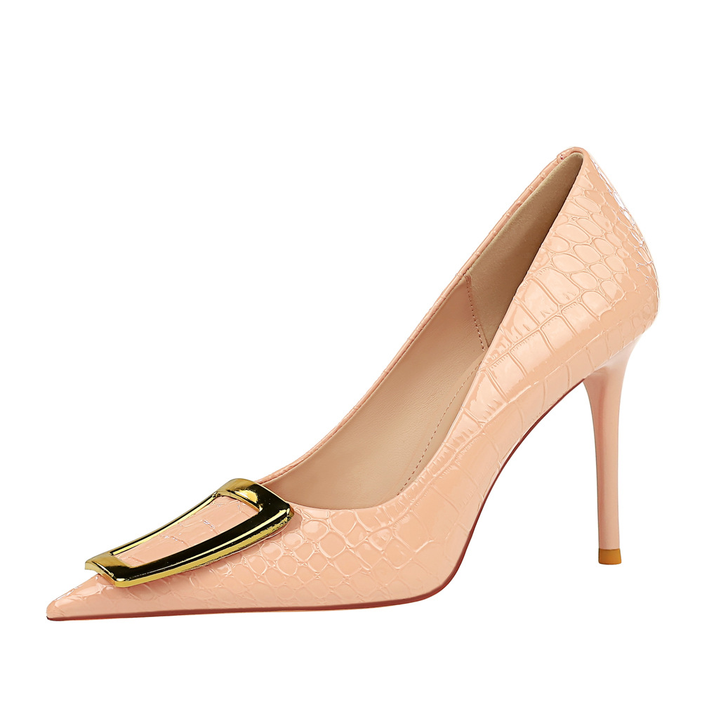 Slimming High-Heel Shallow-Toe Pointed-Toe Womens Shoes With Metal Buckle