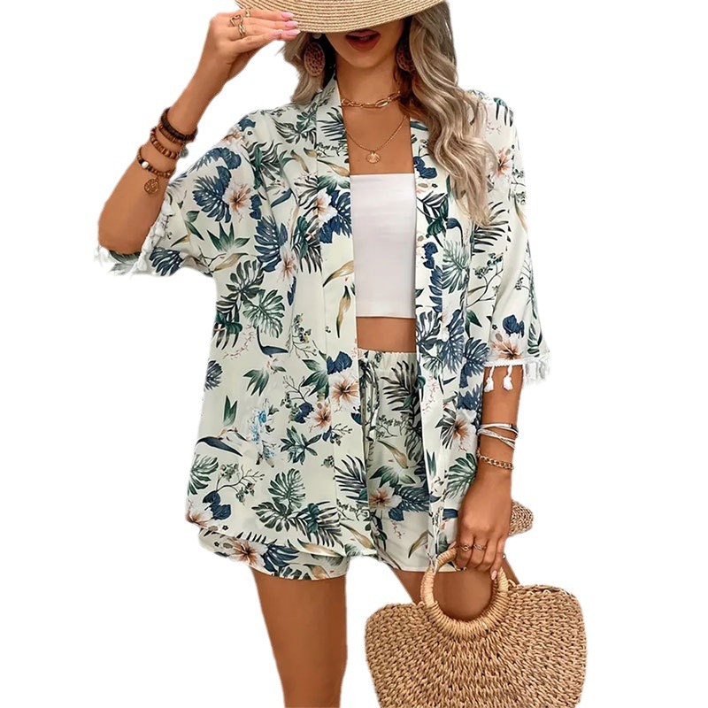 Shirt Beach Pants Suit Printed Tassel Short Two-piece Set