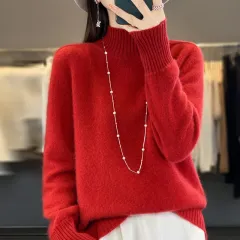Women's Half Turtleneck Keep Warm Pure Color Cashmere - New Year Red - View 1