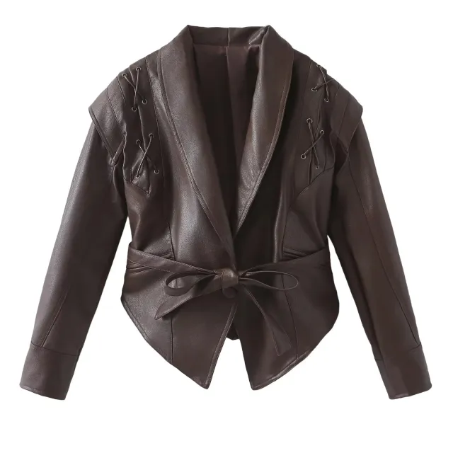 Women's Retro Imitation Leather Jacket Coat Brown - Shop at LoveMi
