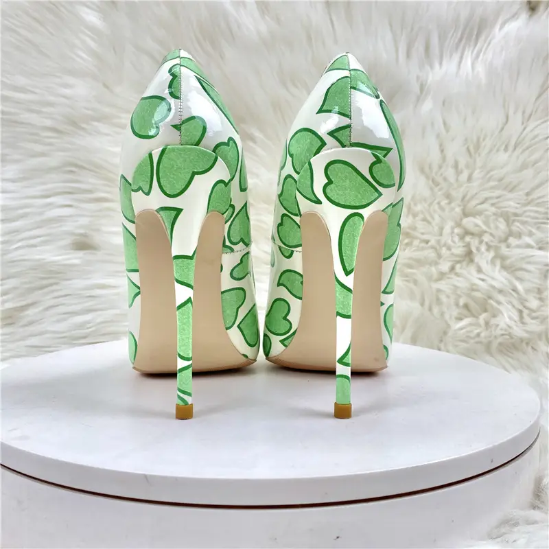 Women's Pointed Toe Stiletto Heel Pumps with Heart Pattern — Green 12CM, 34