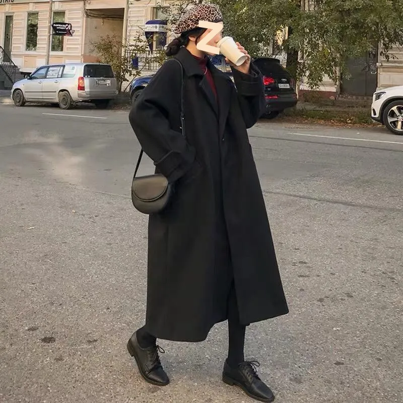 Fashion Personality Female Winter Loose Woolen Coat - Black