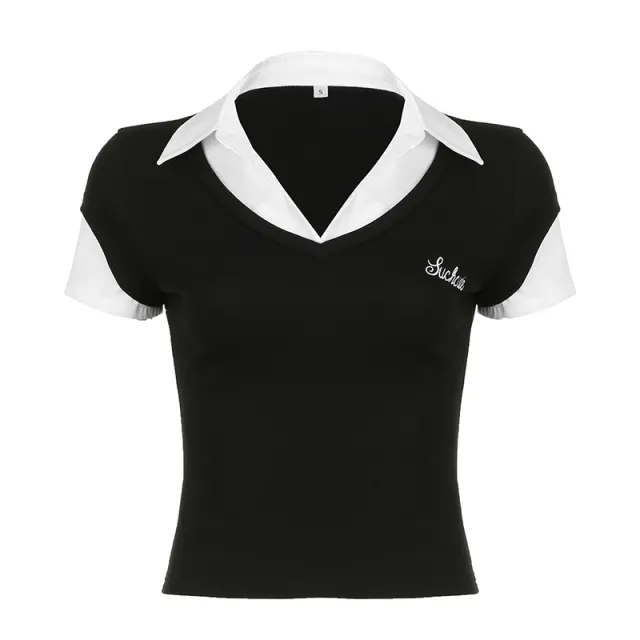 American College Style Polo Collar Stitching Fake Two Pieces Short Sleeve Black - Shop at LoveMi