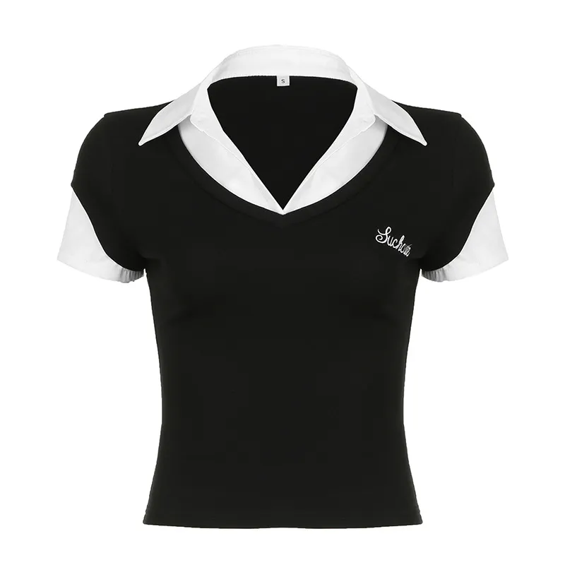 American College Style Polo Collar Stitching Fake Two Pieces Short Sleeve - Black