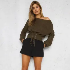 European And American Lace Up Loose Long Sleeve Plus Size Sweater - Green - View 1