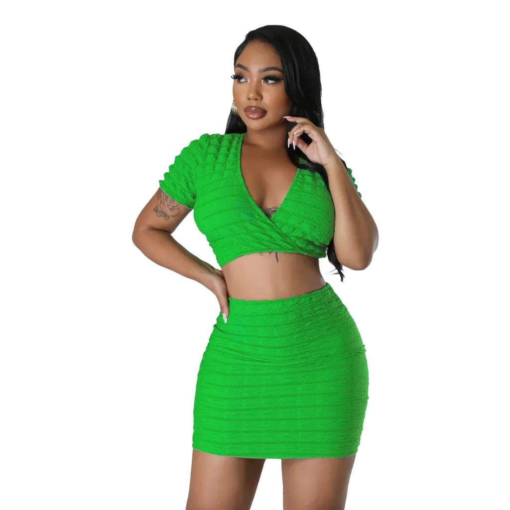 Women's Sexy Popcorn Bubble Skirt Suit - Green