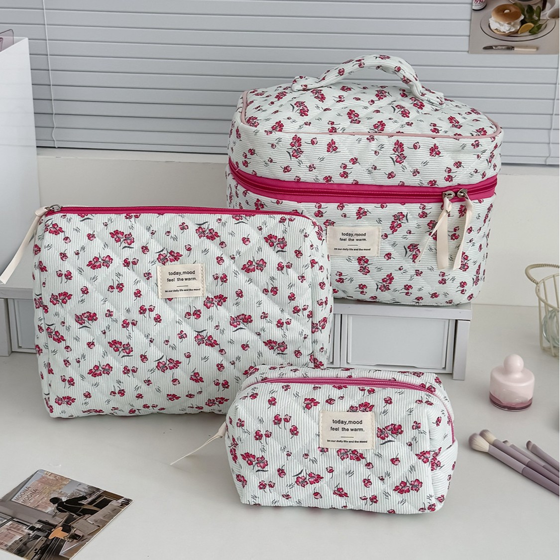 New Corduroy Green Floral Makeup Bag