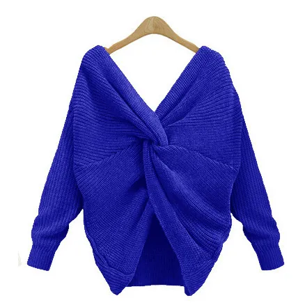 V neck Cross Backless Sweater Sexy Long sleeved Sweater Sapphire Blue - Shop at LoveMi
