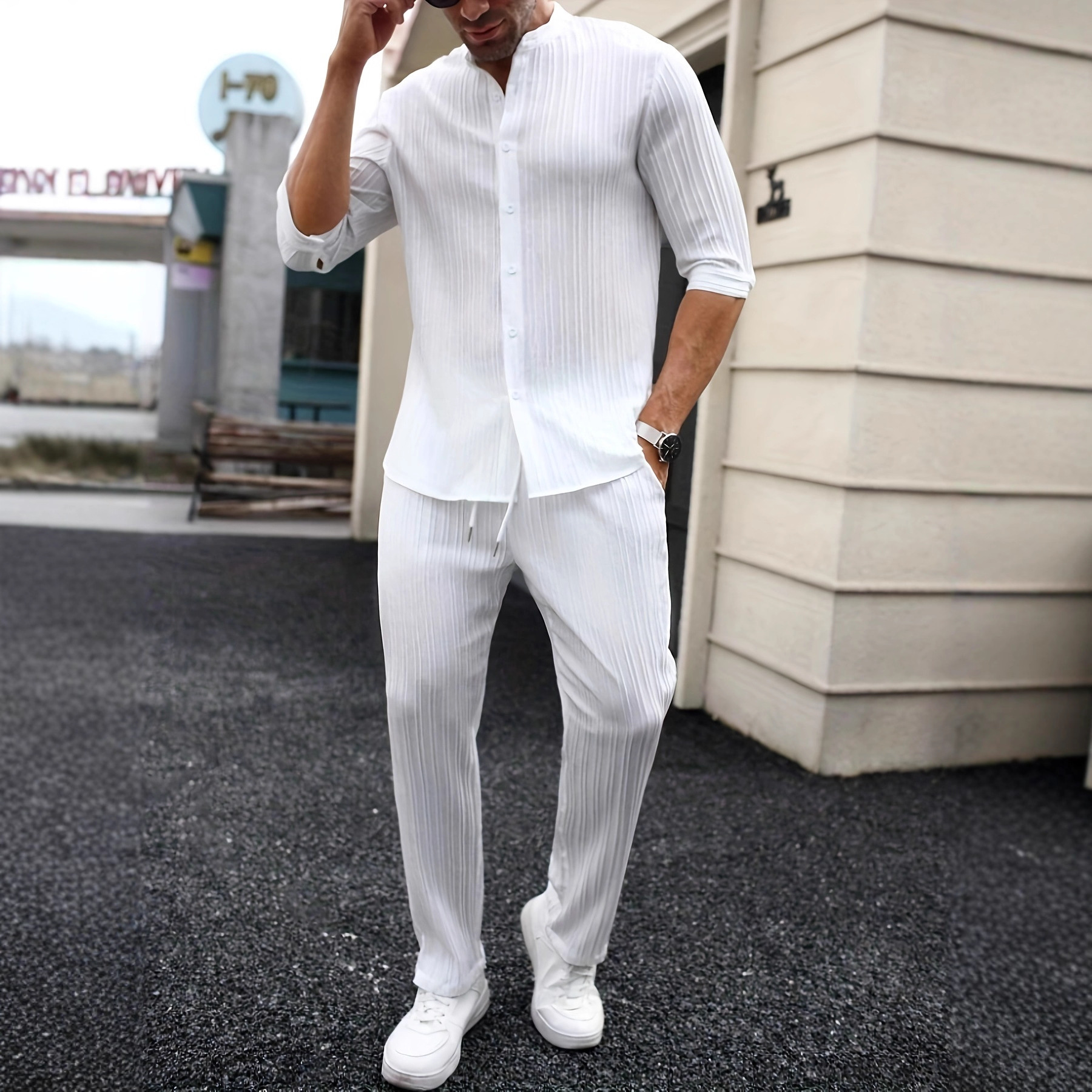 Mens Solid-Color SpringSummer Shirt And Pants Set