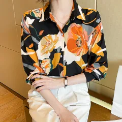 Spring Design Sense Retro French Temperament Printed Chiffon Long-sleeved Shirt For Women - Black - View 1