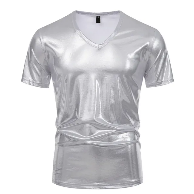 Summer Men's Glossy Bronzing T shirt Male V neck Silver - Shop at LoveMi