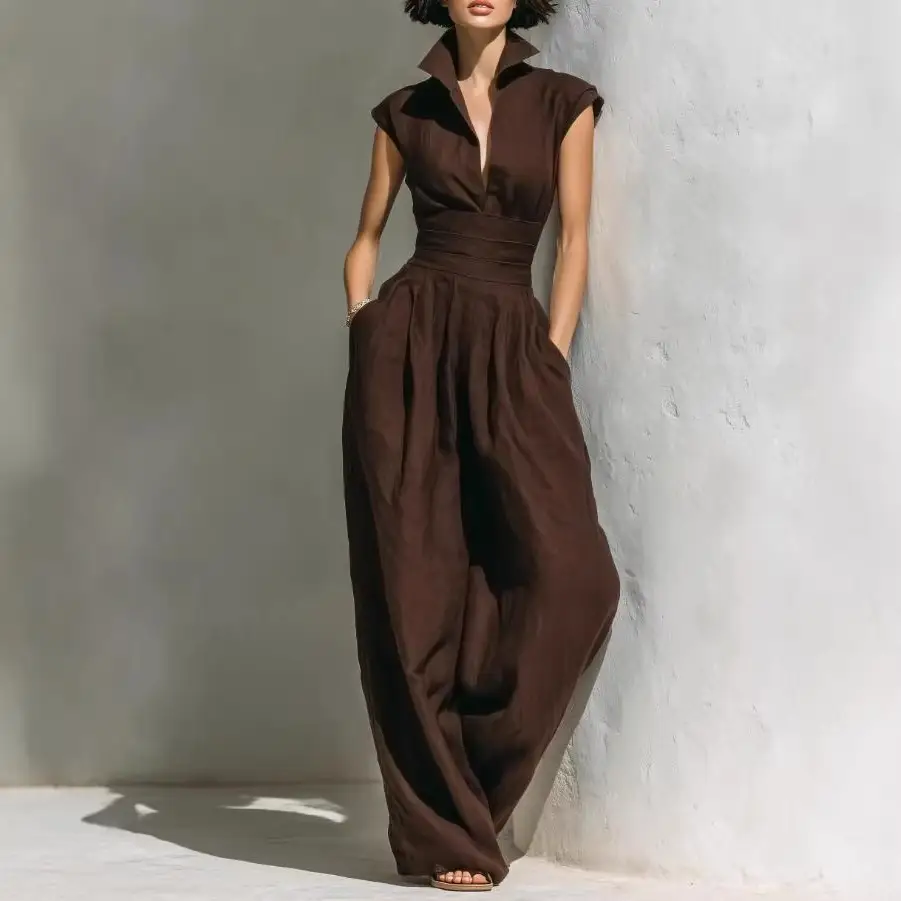 Elegant Waist-Cinching Pleated Solid-Color Designer Womens Jumpsuit