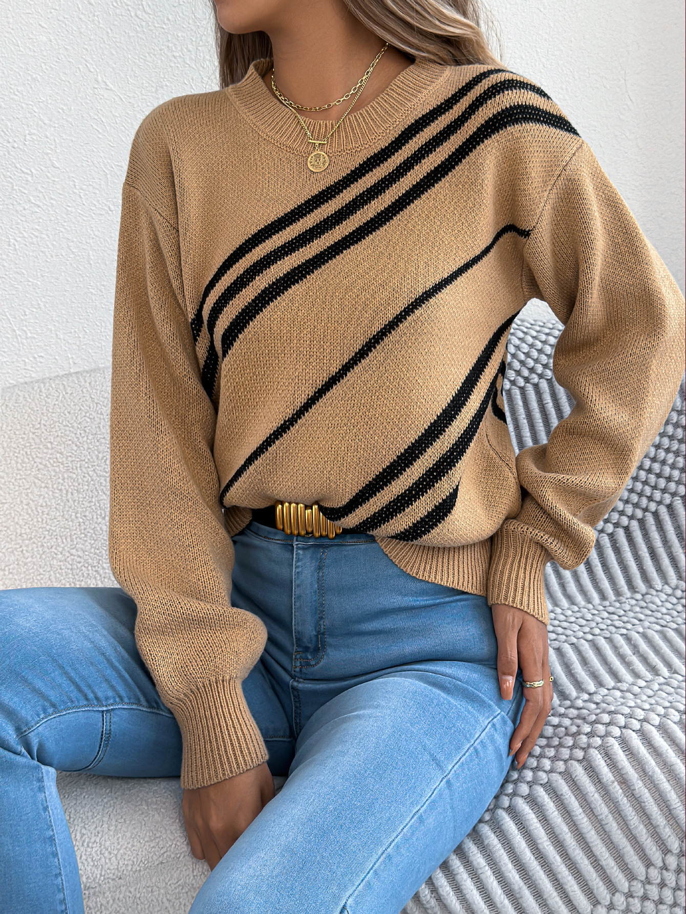 Women's Casual Striped Round Neck Lantern Long Sleeve Pullover Sweater