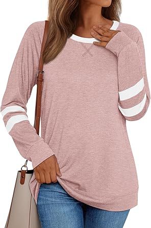 Women's Long sleeved Shirt Hot Girl Casual Round Neck Multicolor Top Pink - Shop at LoveMi